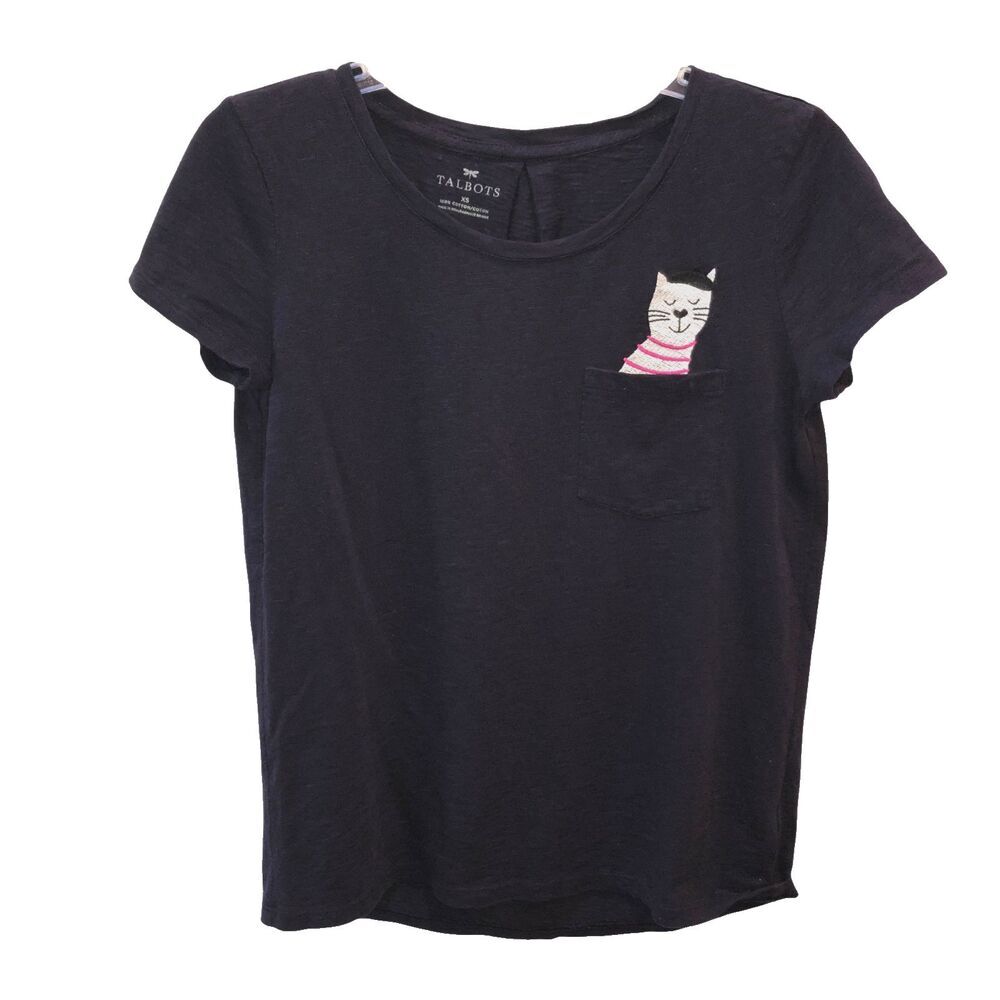 Talbots Women Size XS Blue Cotton Cat Embroidered Pocket T Shirt Casual Top Tee